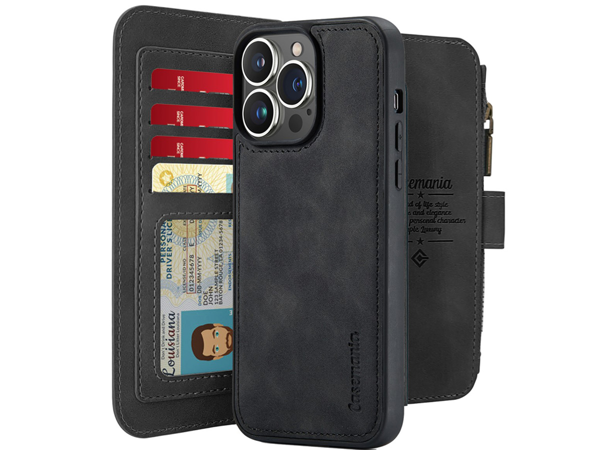 CaseMania 2in1 Wallet Ritsvak Case Zwart - iPhone 16 Pro Hoesje