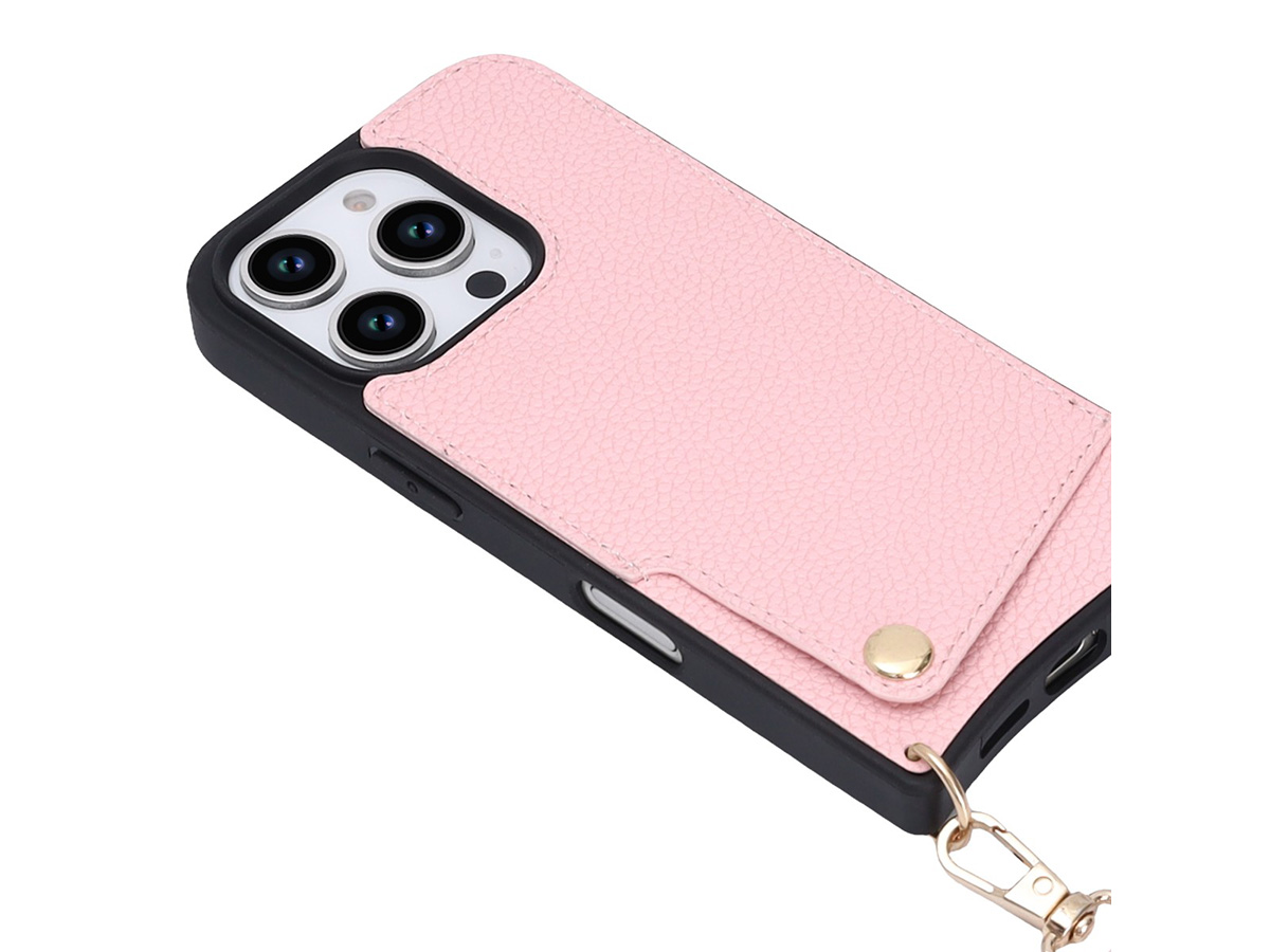 CaseMania Crossbody Card Case met Koord - iPhone 16 Pro Hoesje Roze