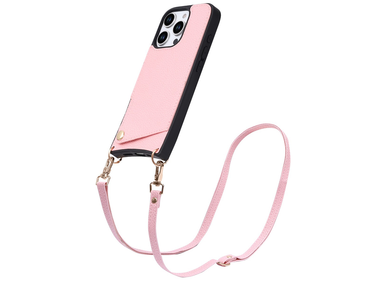 CaseMania Crossbody Card Case met Koord - iPhone 16 Pro Hoesje Roze