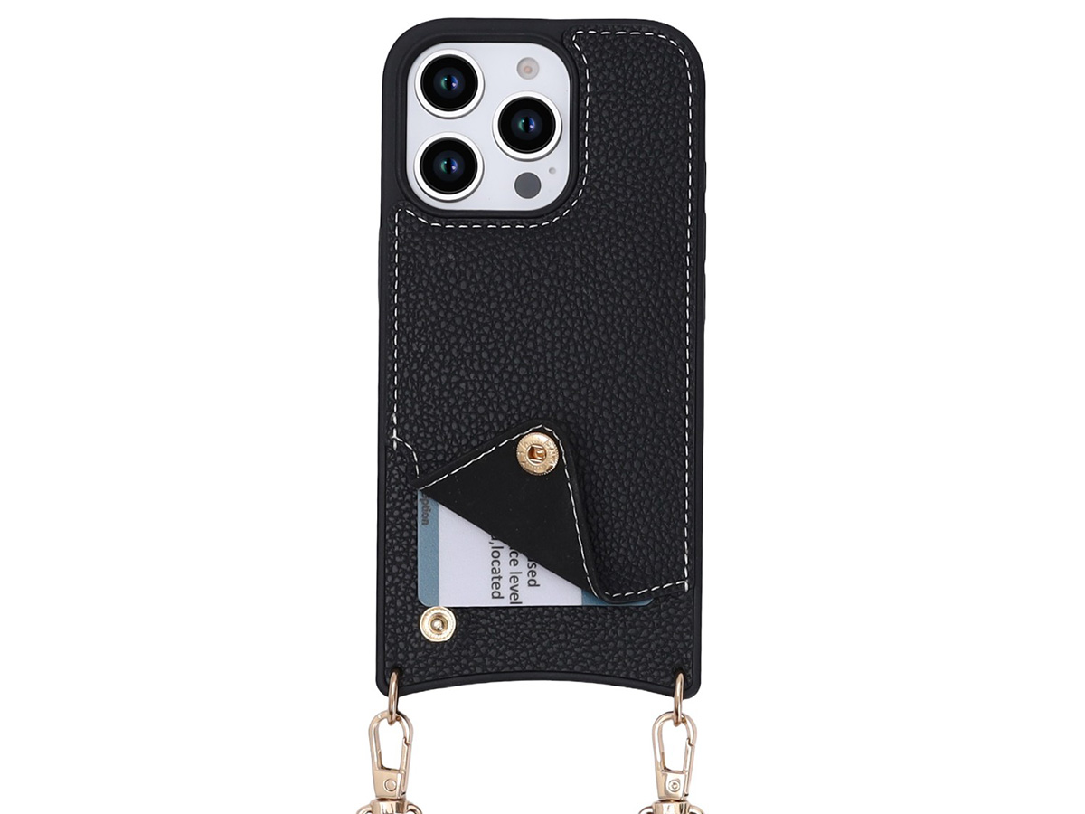 CaseMania Crossbody Card Case met Koord - iPhone 16 Pro Hoesje Zwart