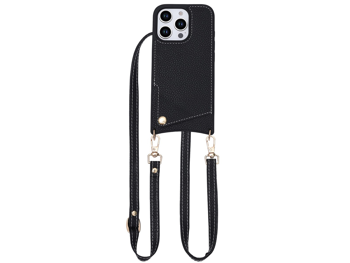 CaseMania Crossbody Card Case met Koord - iPhone 16 Pro Hoesje Zwart