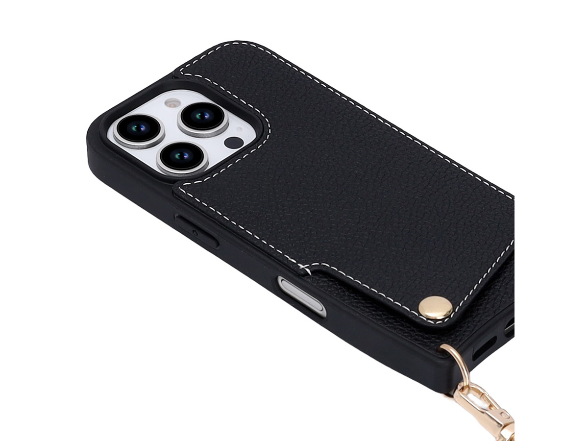 CaseMania Crossbody Card Case met Koord - iPhone 16 Pro Hoesje Zwart