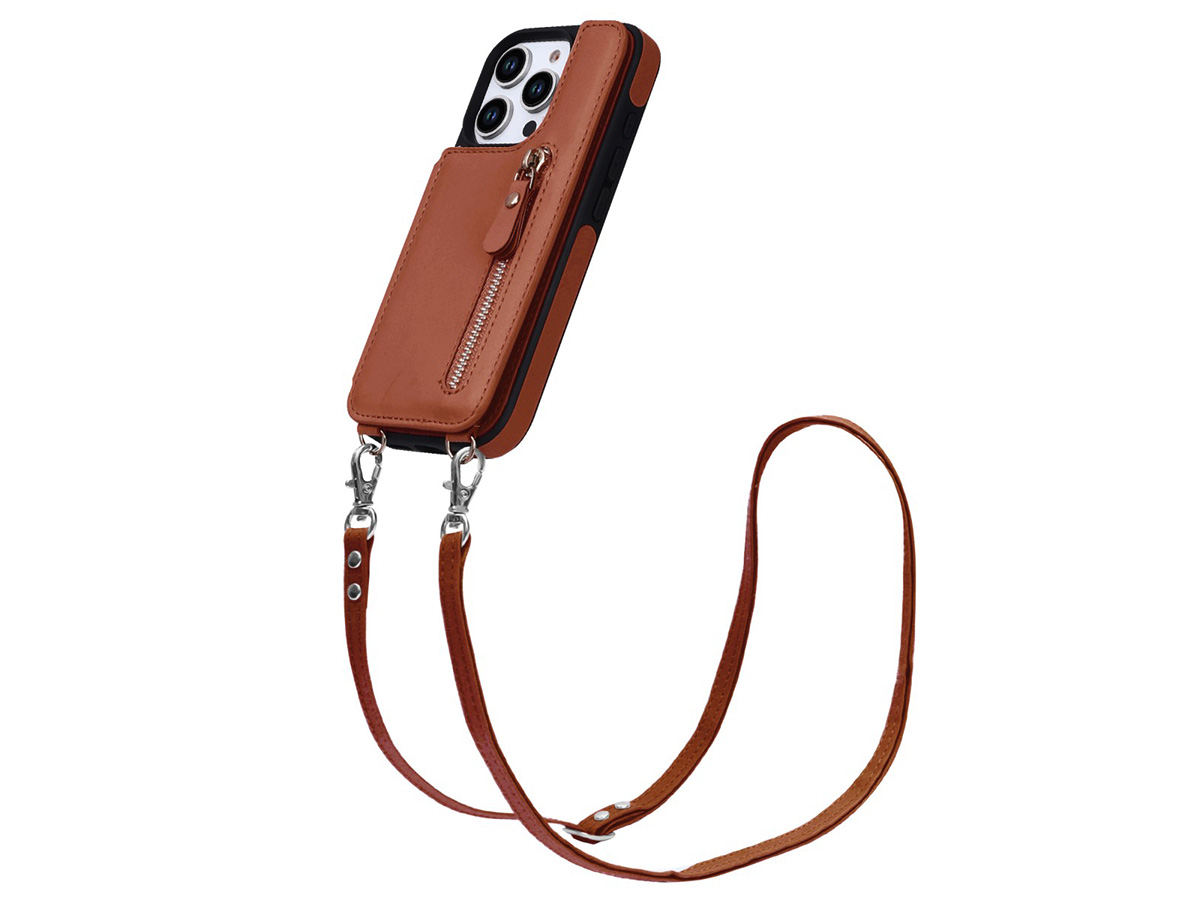 CaseMania Crossbody Wallet Case met Koord - iPhone 16 Pro Hoesje Cognac