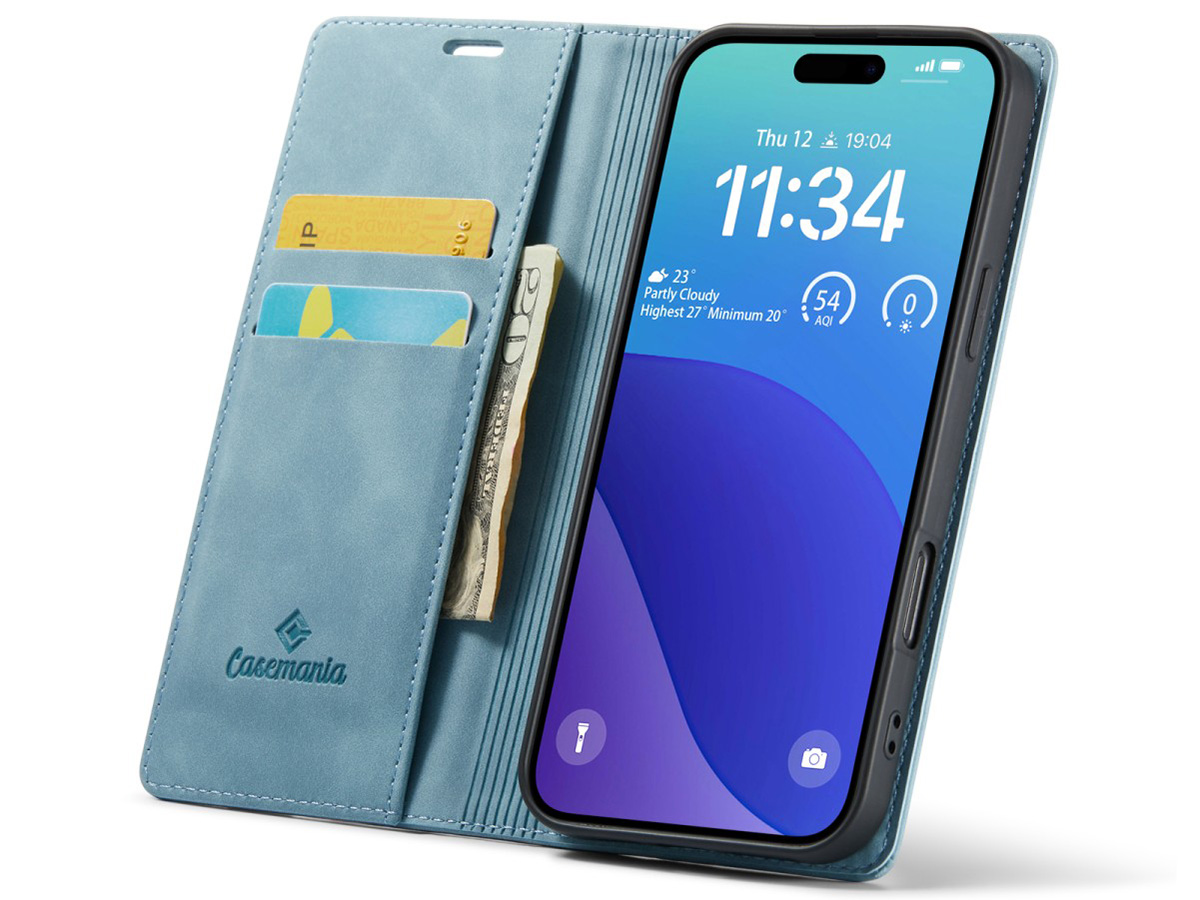 CaseMania Vintage Slim Bookcase Aqua - iPhone 16 Pro hoesje