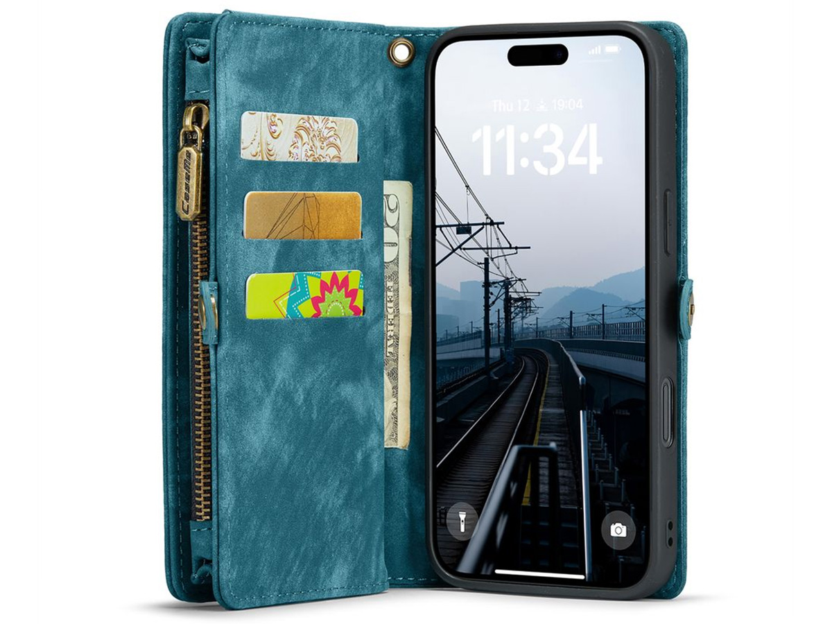 CaseMe 2in1 Wallet Case met Ritsvak Blauw - iPhone 16 Pro Hoesje