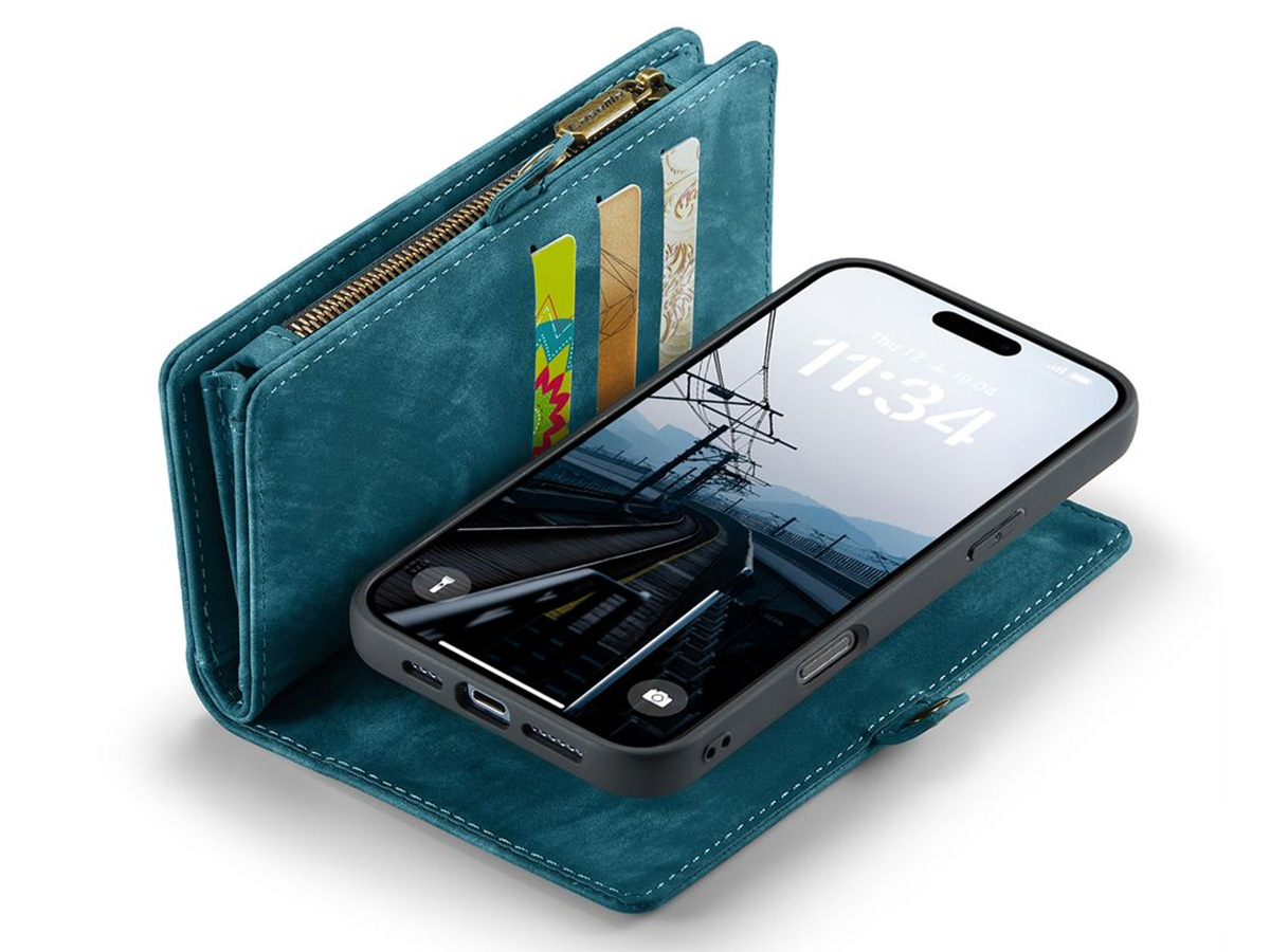 CaseMe 2in1 Wallet Case met Ritsvak Blauw - iPhone 16 Pro Hoesje