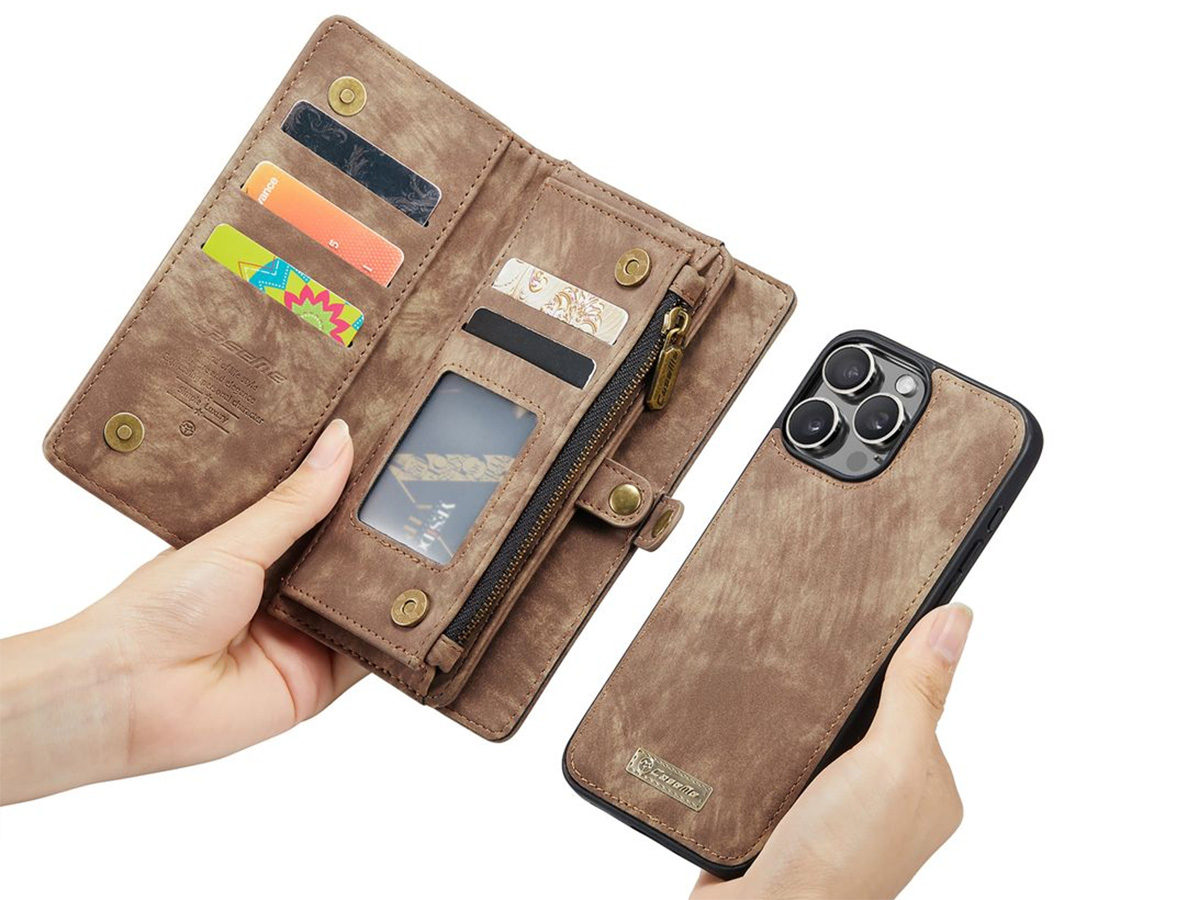 CaseMe 2in1 Wallet Case met Ritsvak Bruin - iPhone 16 Pro Hoesje