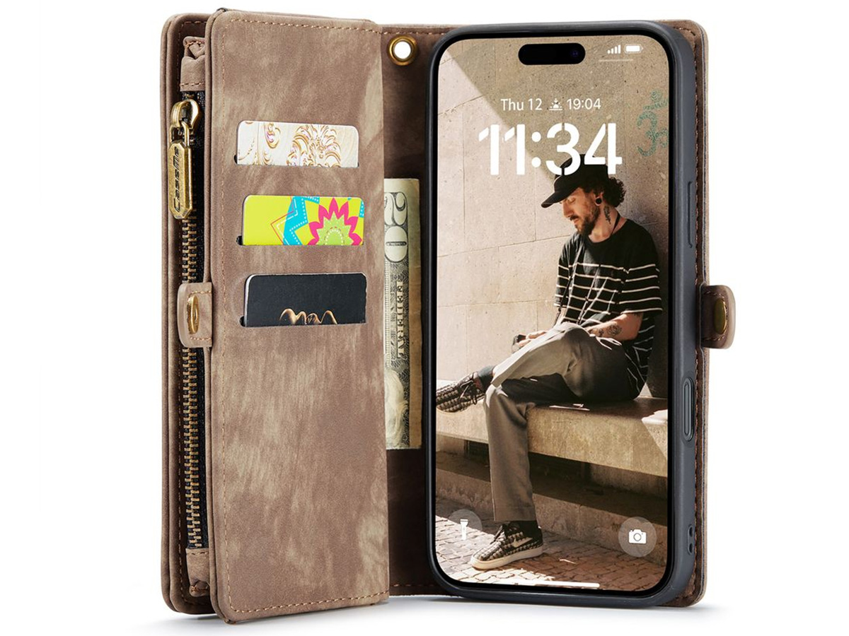 CaseMe 2in1 Wallet Case met Ritsvak Bruin - iPhone 16 Pro Hoesje