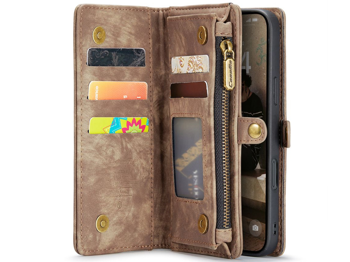 CaseMe 2in1 Wallet Case met Ritsvak Bruin - iPhone 16 Pro Hoesje