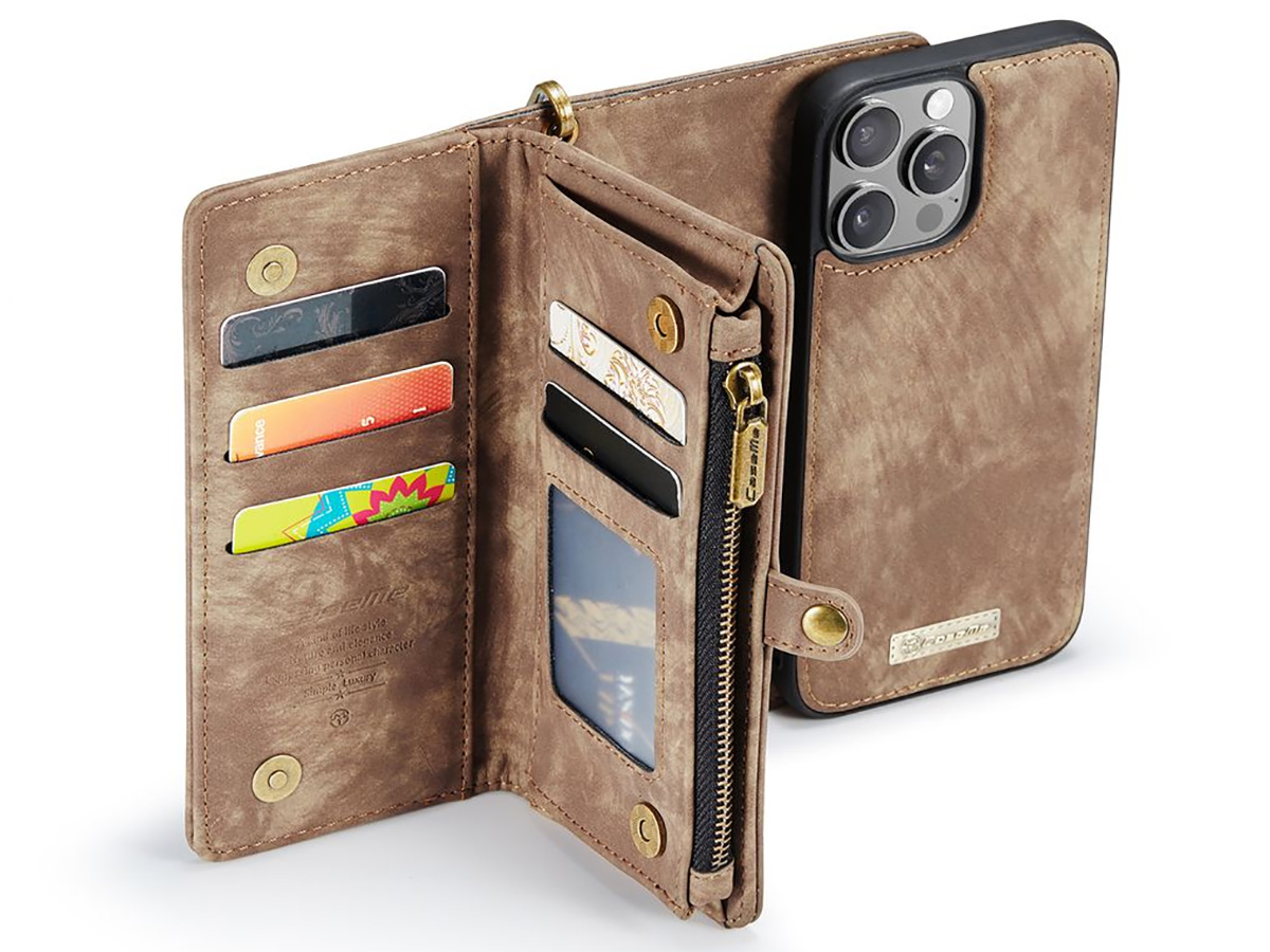 CaseMe 2in1 Wallet Case met Ritsvak Bruin - iPhone 16 Pro Hoesje