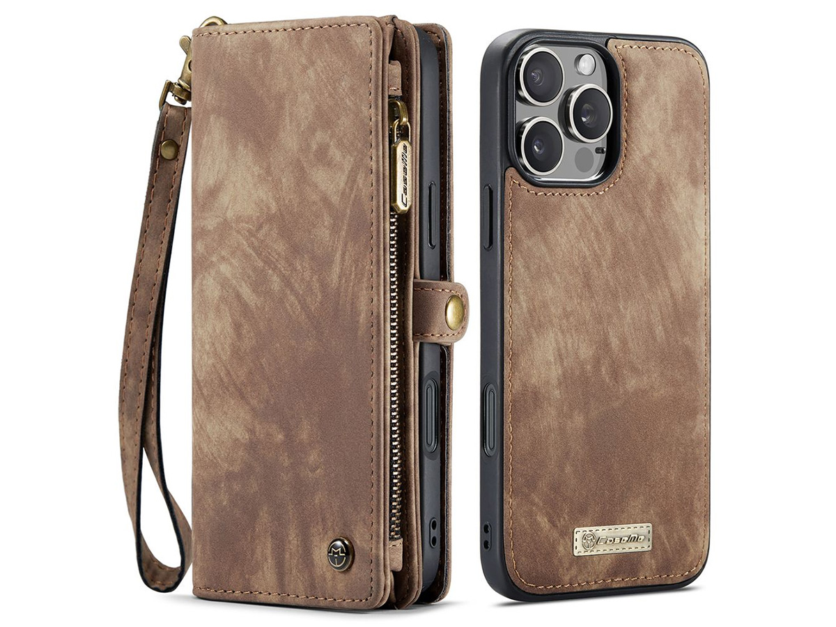 CaseMe 2in1 Wallet Case met Ritsvak Bruin - iPhone 16 Pro Hoesje