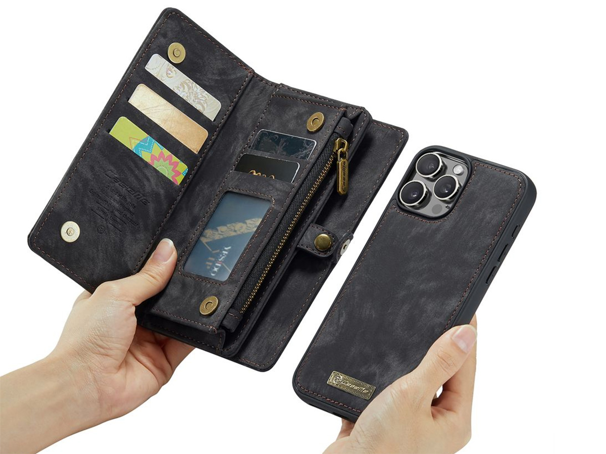 CaseMe 2in1 Wallet Case met Ritsvak Zwart - iPhone 16 Pro Hoesje