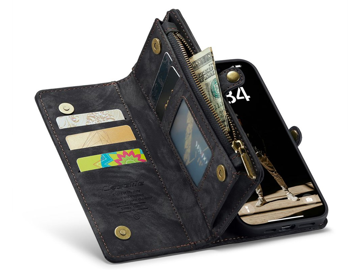 CaseMe 2in1 Wallet Case met Ritsvak Zwart - iPhone 16 Pro Hoesje