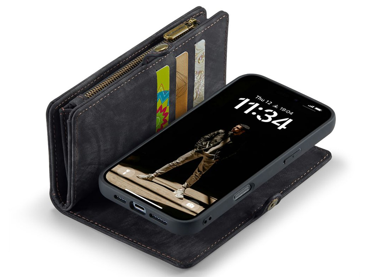 CaseMe 2in1 Wallet Case met Ritsvak Zwart - iPhone 16 Pro Hoesje