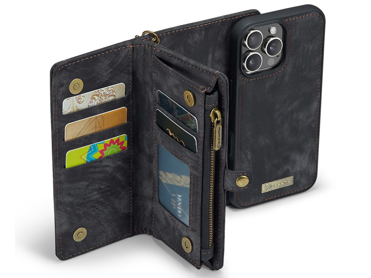 CaseMe 2in1 Wallet Case met Ritsvak Zwart - iPhone 16 Pro Hoesje