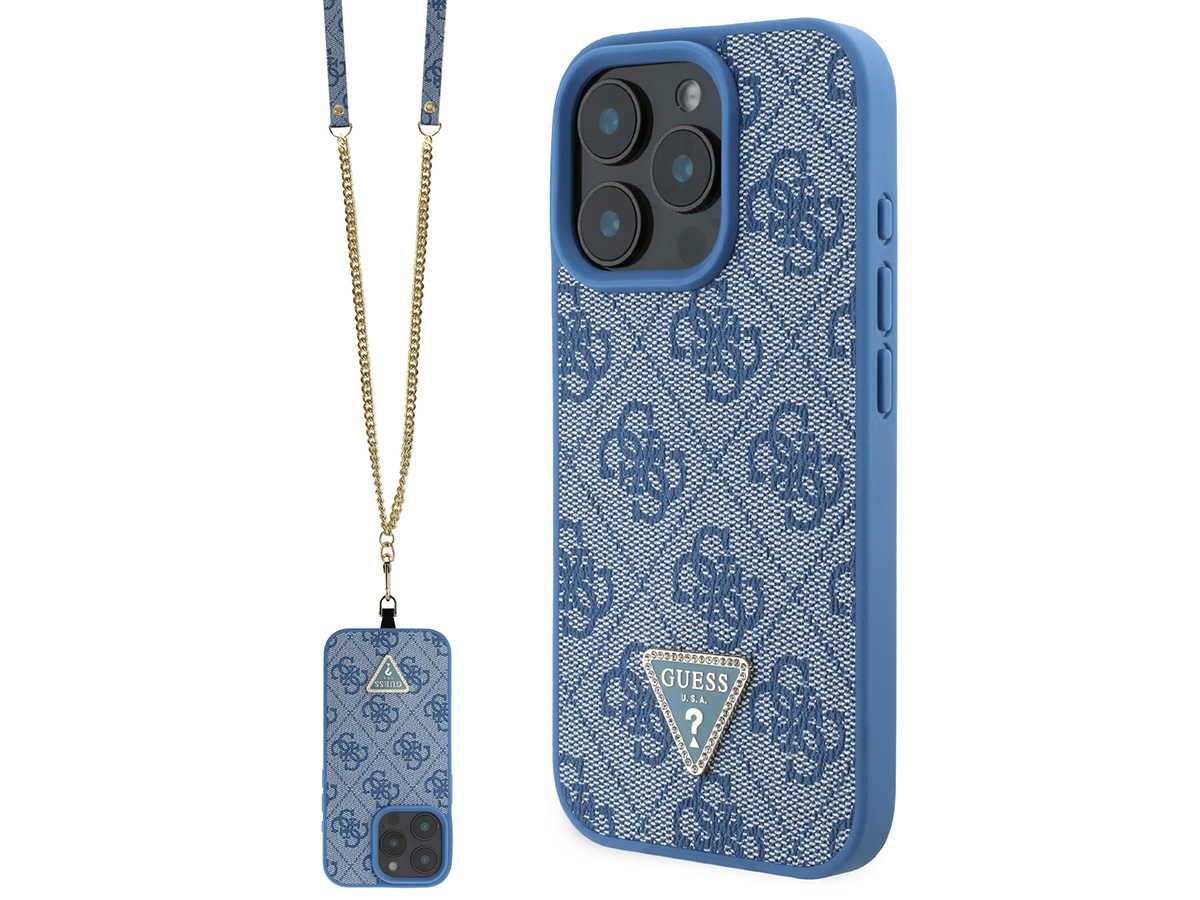 Guess 4G Monogram Necklace Case Blauw - iPhone 16 hoesje met Koord