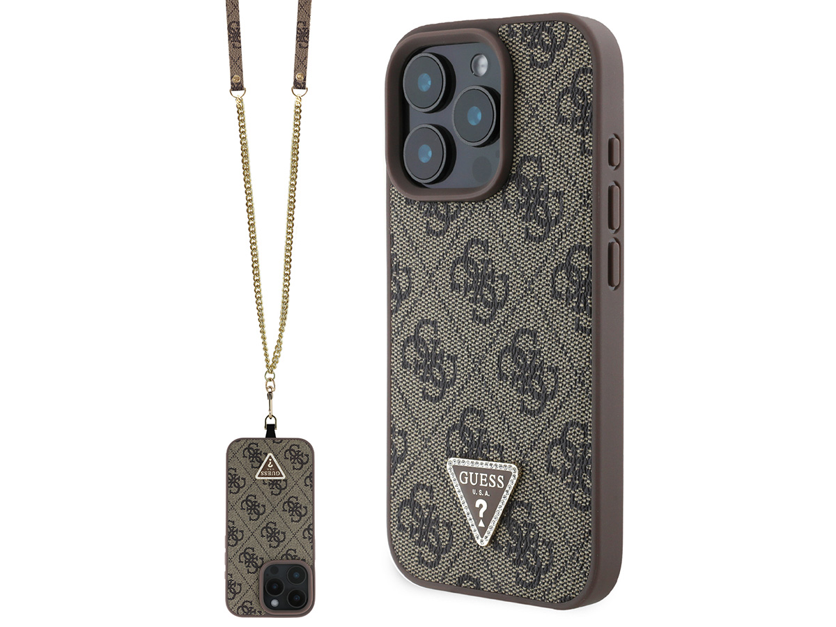 Guess 4G Monogram Necklace Case Bruin - iPhone 16 Pro hoesje met Koord