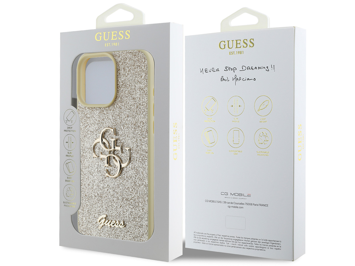 Guess Big 4G Glitter Case Goud - iPhone 16 Pro hoesje