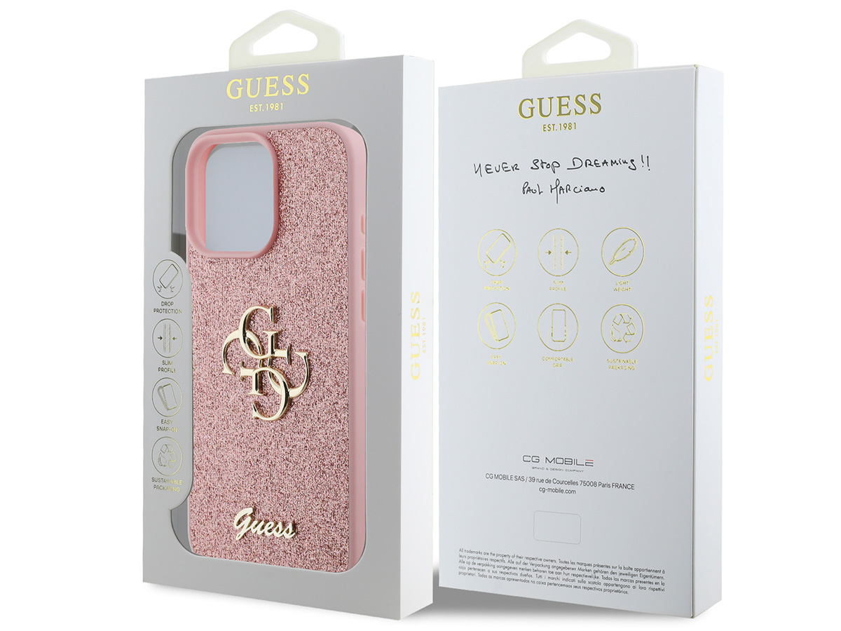 Guess Big 4G Glitter Case Roze - iPhone 16 Pro hoesje