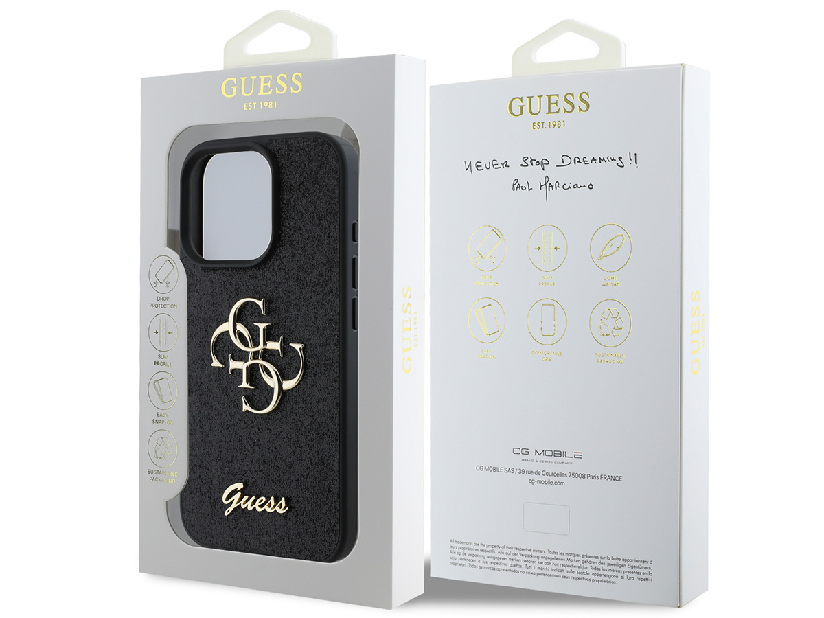 Guess Big 4G Glitter Case Zwart - iPhone 16 Pro hoesje