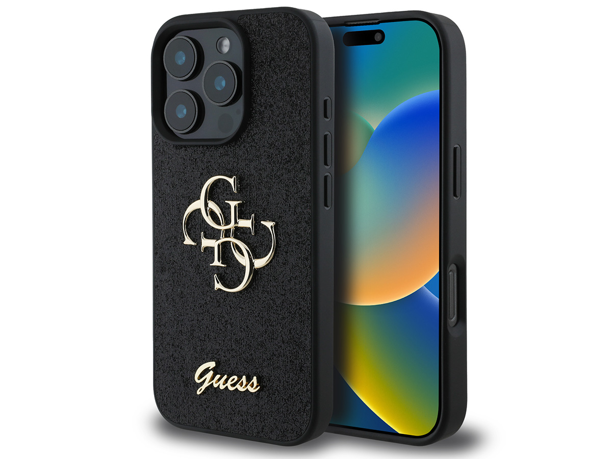 Guess Big 4G Glitter Case Zwart - iPhone 16 Pro hoesje