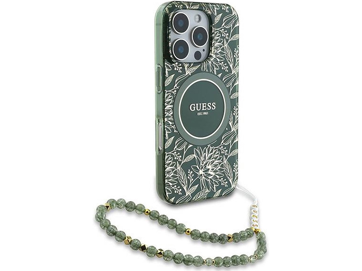 Guess Floral Wristlet Charm Case Groen - iPhone 16 Pro hoesje met Polsbandje