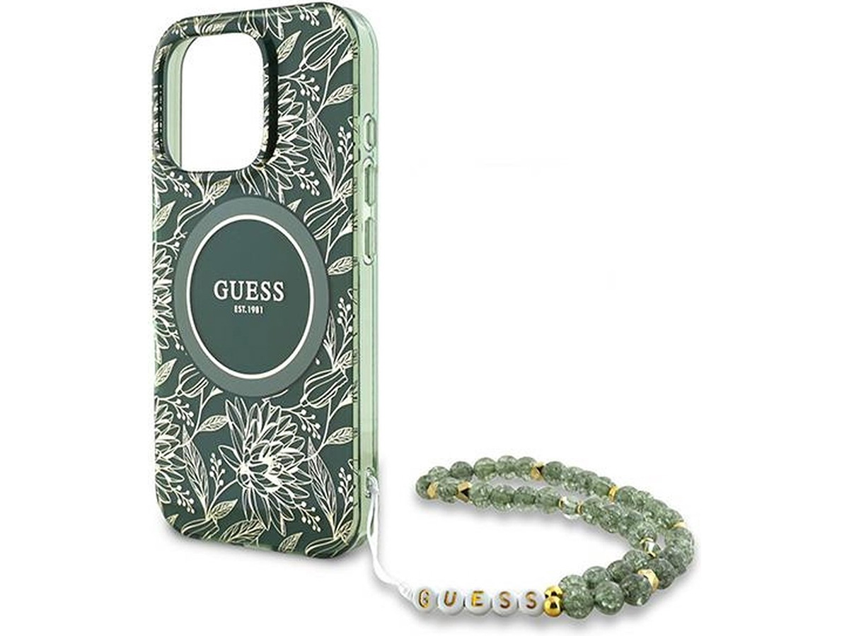 Guess Floral Wristlet Charm Case Groen - iPhone 16 Pro hoesje met Polsbandje