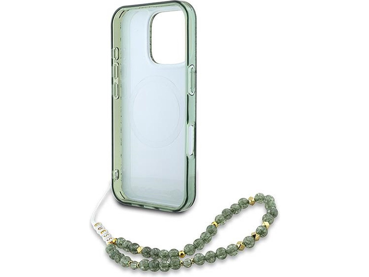 Guess Floral Wristlet Charm Case Groen - iPhone 16 Pro hoesje met Polsbandje