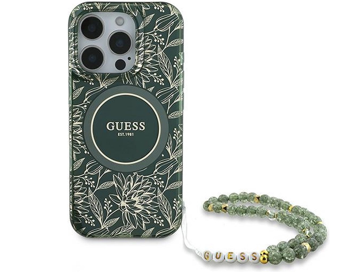 Guess Floral Wristlet Charm Case Groen - iPhone 16 Pro hoesje met Polsbandje