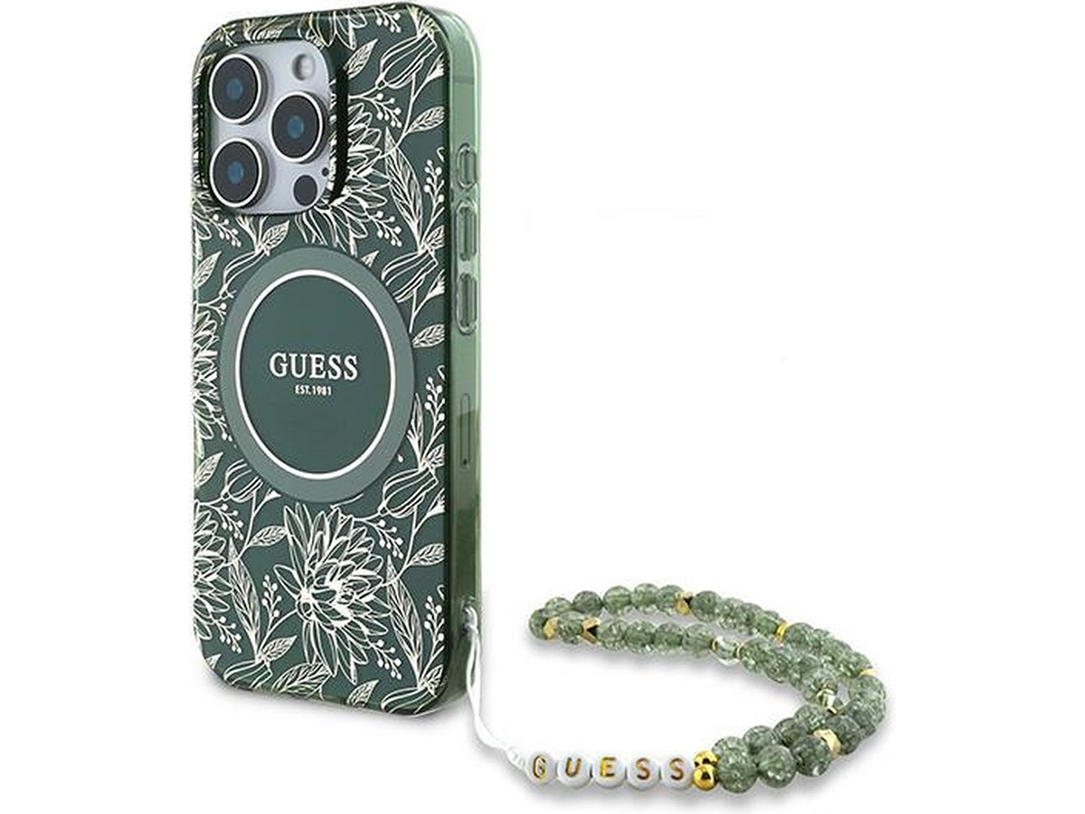 Guess Floral Wristlet Charm Case Groen - iPhone 16 Pro hoesje met Polsbandje