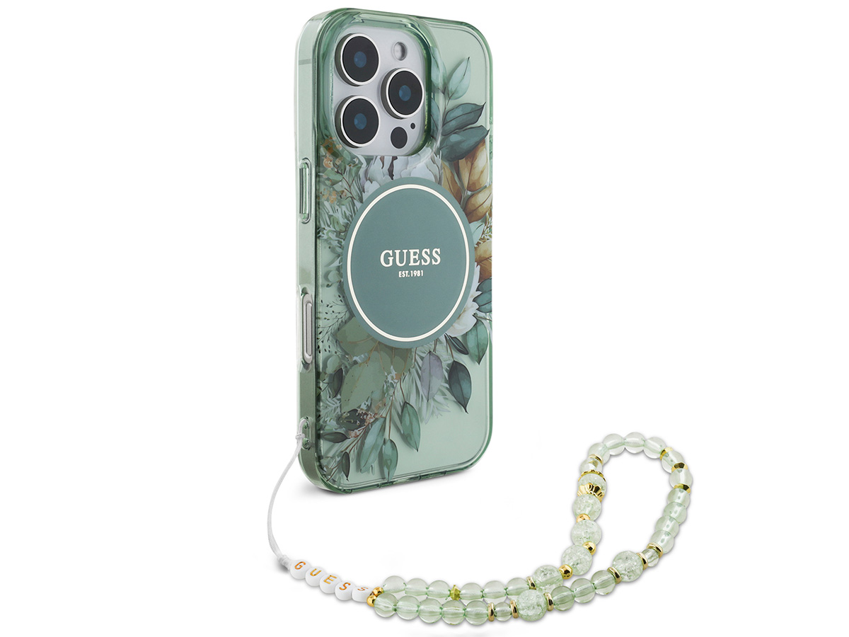 Guess Flower Wristlet Charm Case Groen - iPhone 16 Pro hoesje met Polsbandje