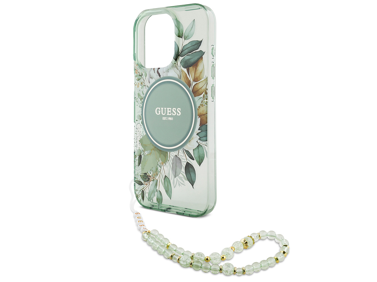 Guess Flower Wristlet Charm Case Groen - iPhone 16 Pro hoesje met Polsbandje