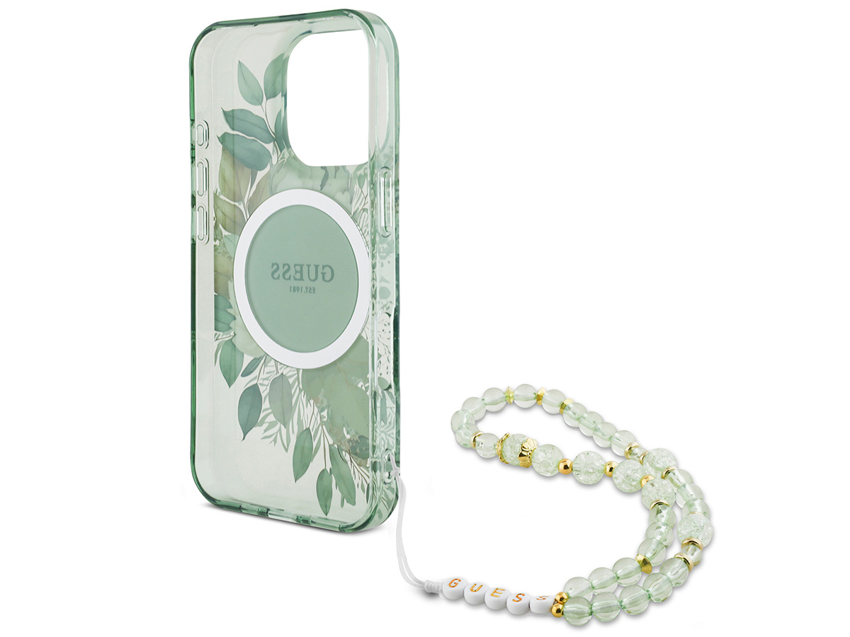 Guess Flower Wristlet Charm Case Groen - iPhone 16 Pro hoesje met Polsbandje