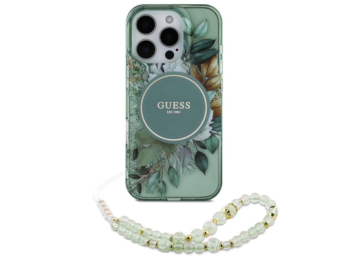 Guess Flower Wristlet Charm Case Groen - iPhone 16 Pro hoesje met Polsbandje