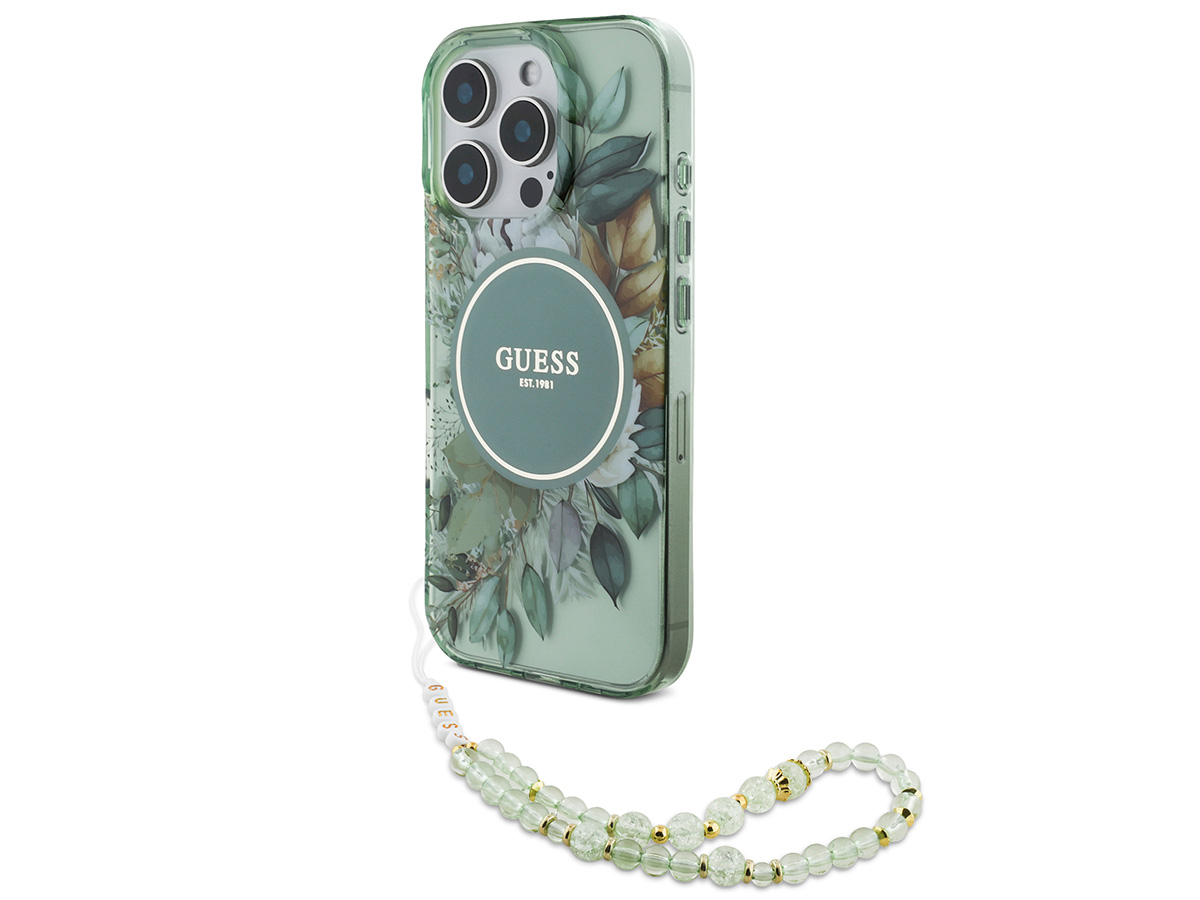 Guess Flower Wristlet Charm Case Groen - iPhone 16 Pro hoesje met Polsbandje