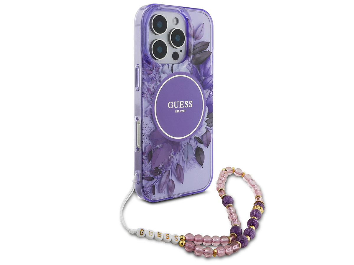 Guess Flower Wristlet Charm Case Paars - iPhone 16 Pro hoesje met Polsbandje