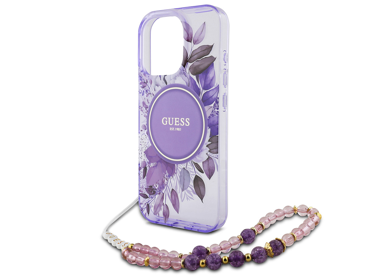 Guess Flower Wristlet Charm Case Paars - iPhone 16 Pro hoesje met Polsbandje