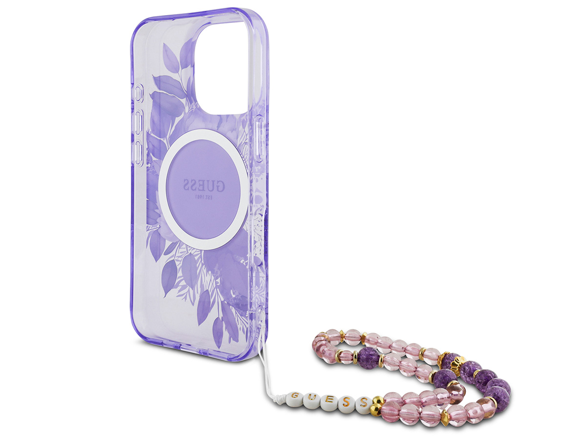 Guess Flower Wristlet Charm Case Paars - iPhone 16 Pro hoesje met Polsbandje