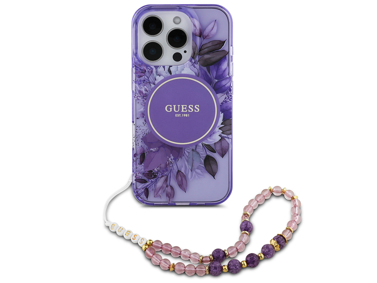 Guess Flower Wristlet Charm Case Paars - iPhone 16 Pro hoesje met Polsbandje