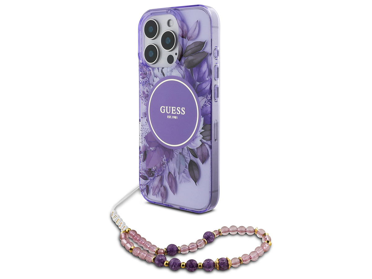 Guess Flower Wristlet Charm Case Paars - iPhone 16 Pro hoesje met Polsbandje