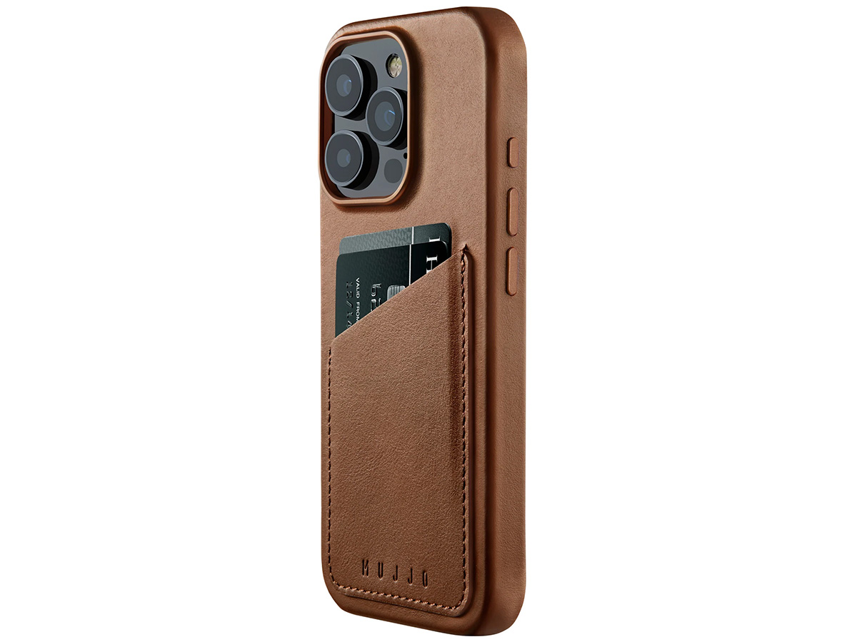 Mujjo Full Leather Wallet MagSafe Case Dark Tan - iPhone 16 Pro Hoesje Leer