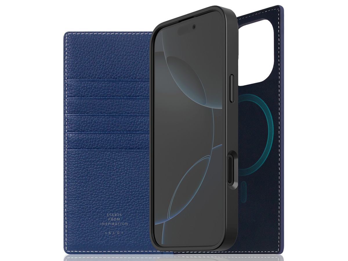 SLG Design D8 2in1 Leather Folio Navy Blue - iPhone 16 Pro hoesje