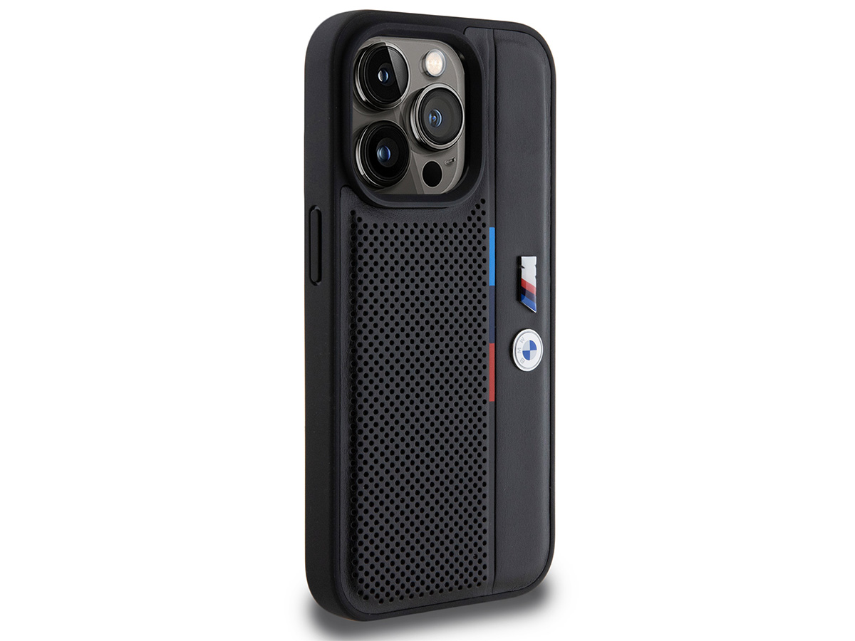 BMW M Perforated Tricolor Case Zwart - iPhone 16 hoesje