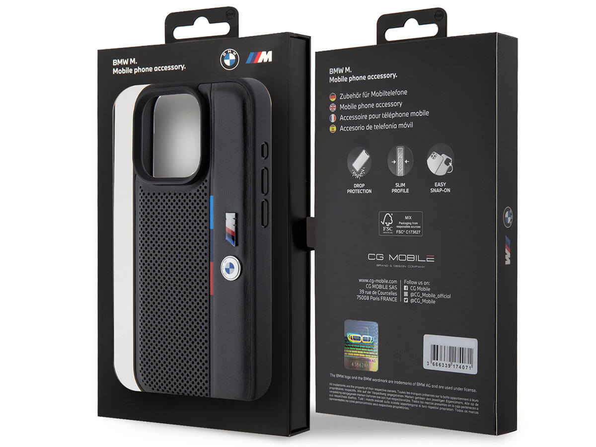 BMW M Perforated Tricolor Case Zwart - iPhone 16 hoesje