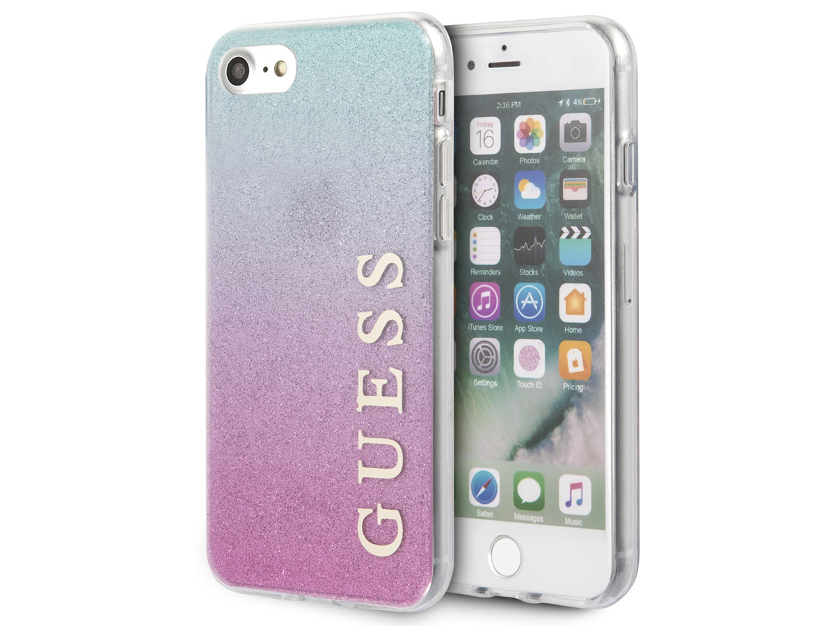 alleen duisternis attribuut Guess Glitter Case iPhone SE 2020/8/7/6 Hoesje Roze