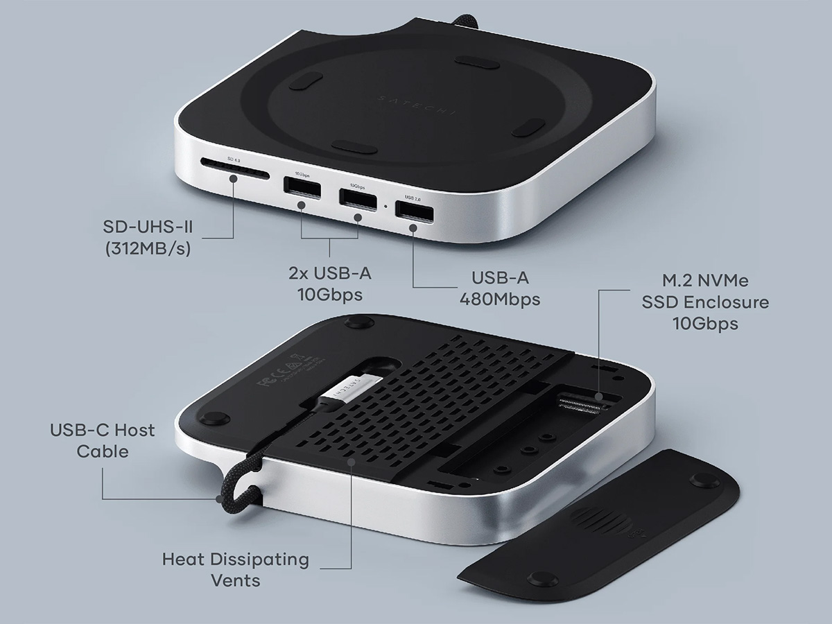 Satechi Aluminium Mac Mini (M4) Stand & USB-C Hub met SSD bay