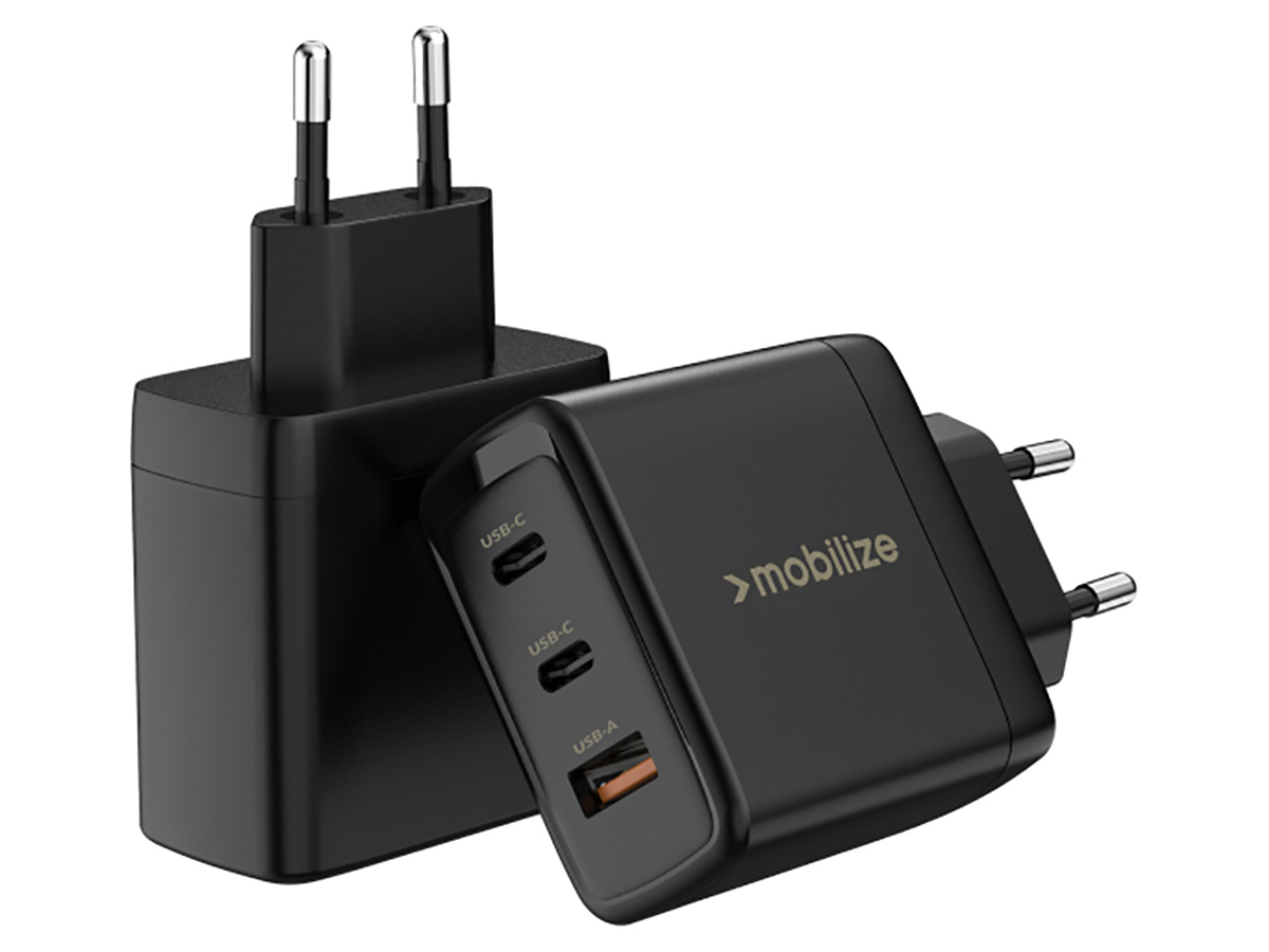 Mobilize 65W GaN Wall Charger Oplader met 2 x USB-C en USB-A - Zwart