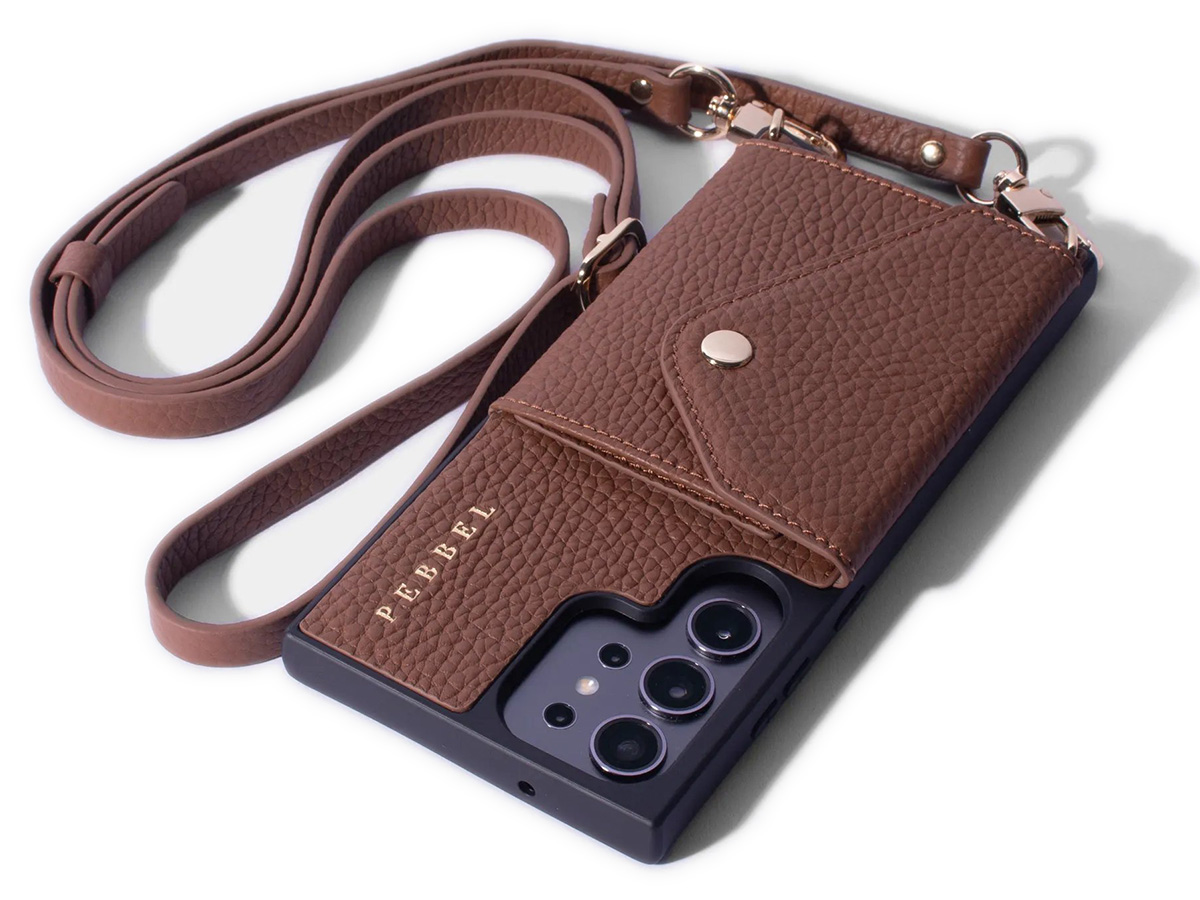 Pebbel Crossbody Case met Leren Koord - Samsung Galaxy S23 Ultra Hoesje Leer Cognac