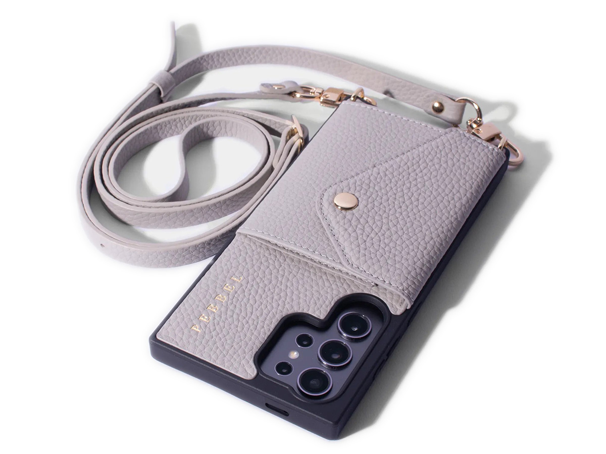 Pebbel Crossbody Case met Leren Koord - Samsung Galaxy S23 Ultra Hoesje Leer Greige