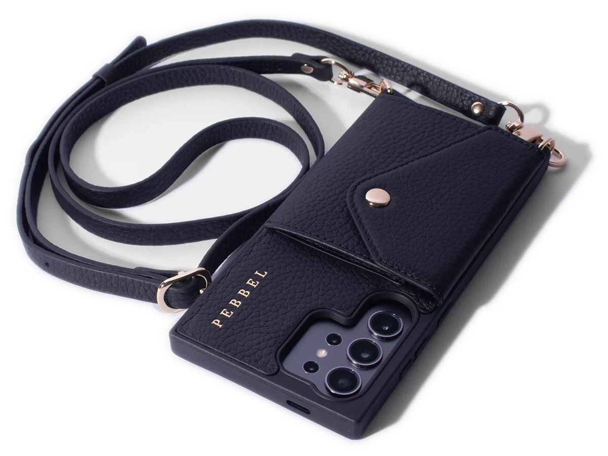 Pebbel Crossbody Case met Leren Koord - Samsung Galaxy S23 Ultra Hoesje Leer Zwart